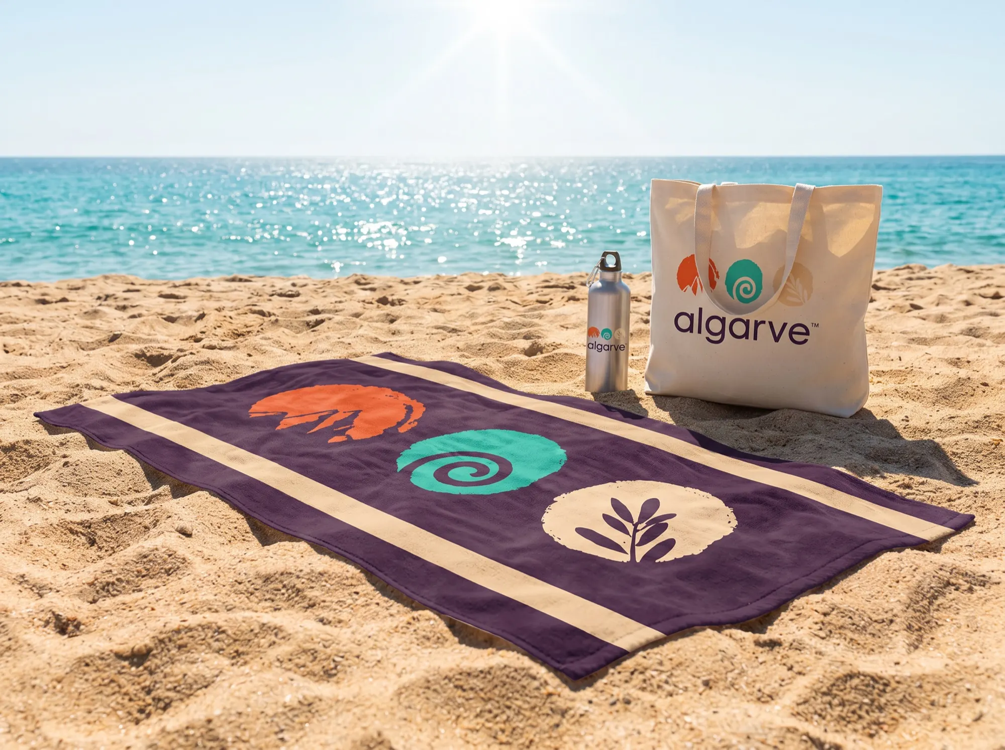 Beach towel and tote on the sand.