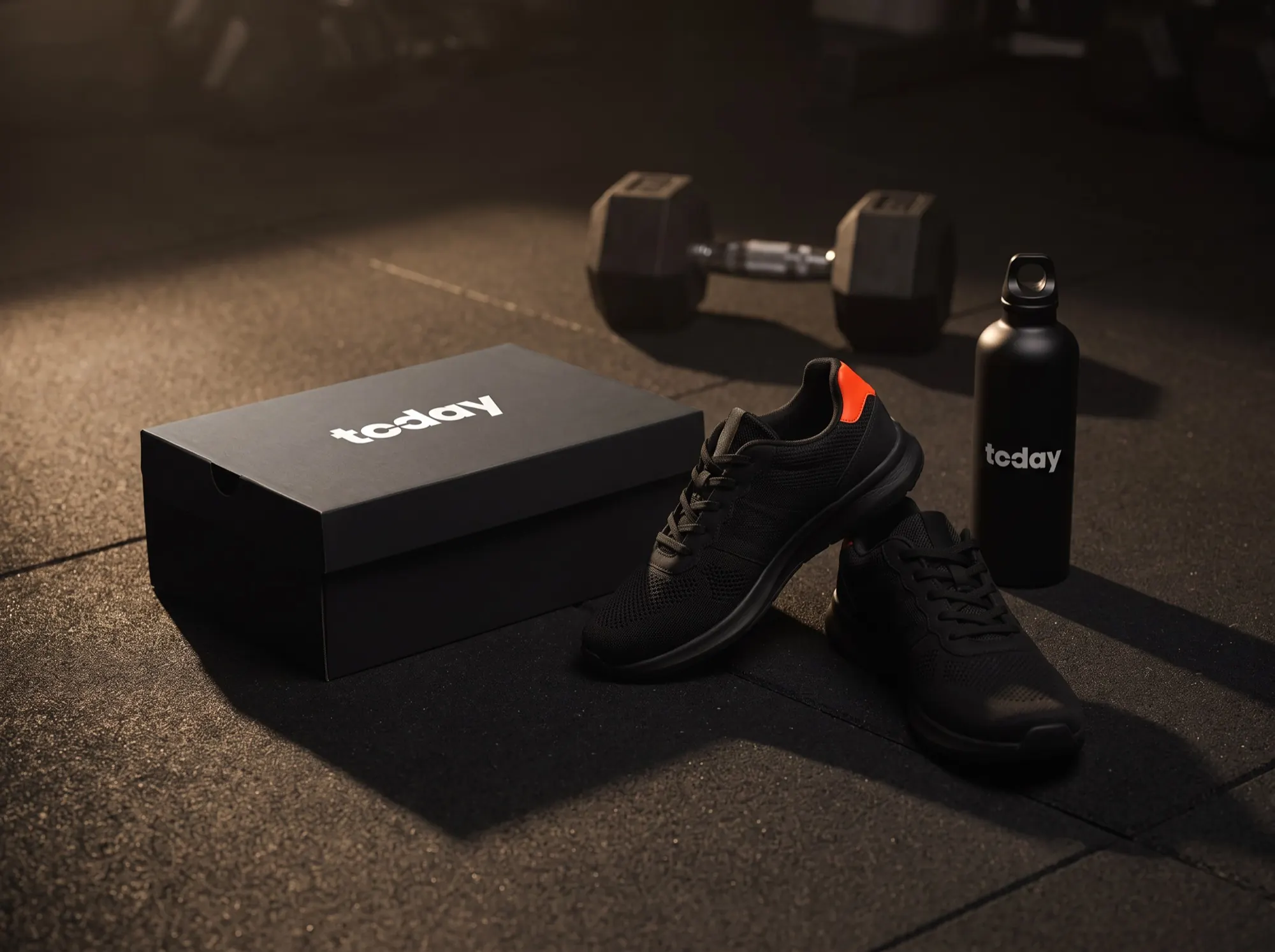 Shoebox, trainers and bottle.