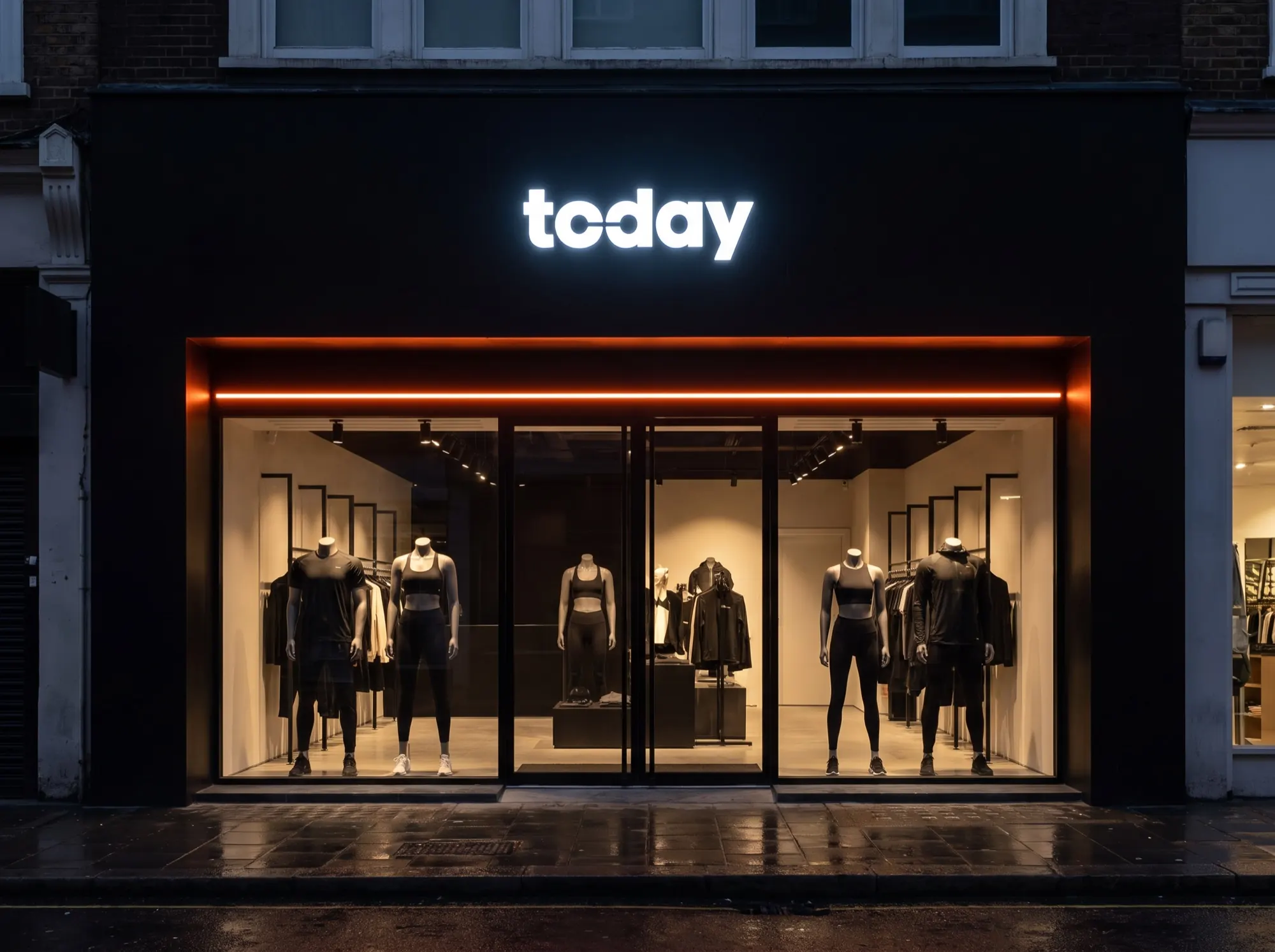 The store front, lit at night.